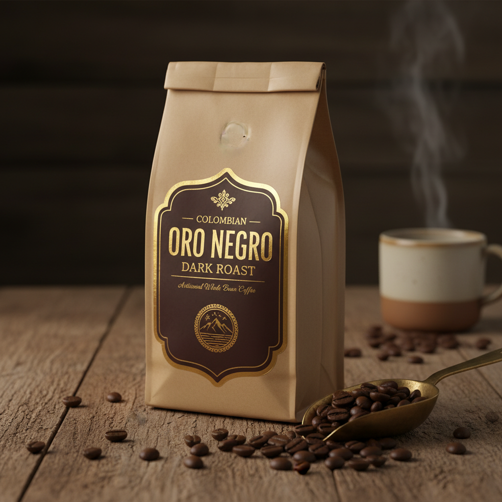 12oz bag of Mercy's Best Colombian Dark Roast Coffee with coffee beans on a rustic wooden surface